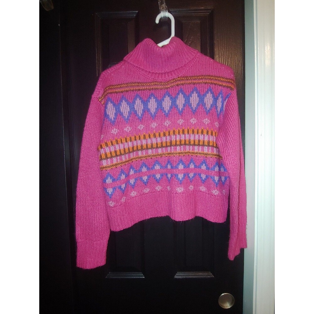 NEW No Comment Turtleneck Pink Sweater Geo Print Women’s Size Large
